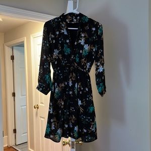 Collective Concepts Black Floral Chiffon Dress Lined Pockets Tie Back Size Small